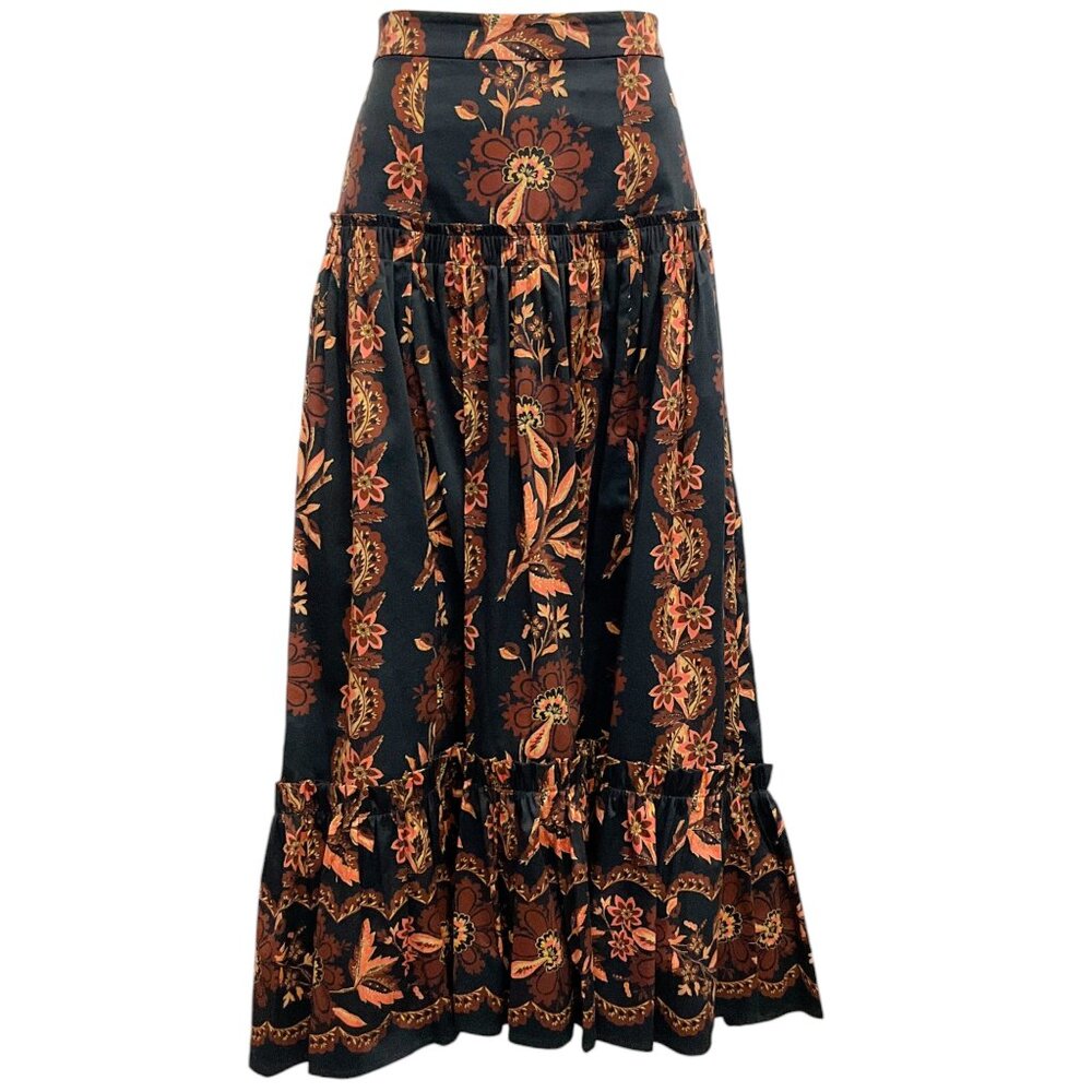 Cara Cara Black Floral Midi Skirt with Rust and Gold Accents